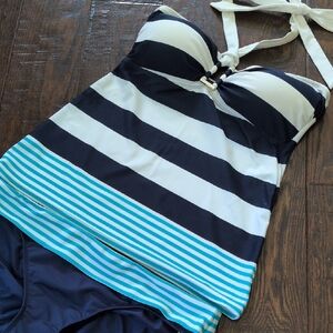 LAUREN by RALPH LAUREN I Blue Striped Halter Tie Top Tankini Bikini Set, 8